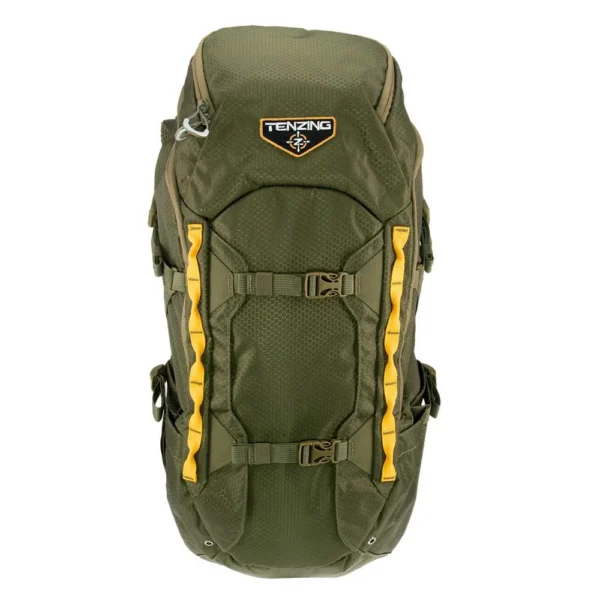 Gsm Tenzing Day Pack 2300 Backpack, olive green front view with yellow accents and buckle straps