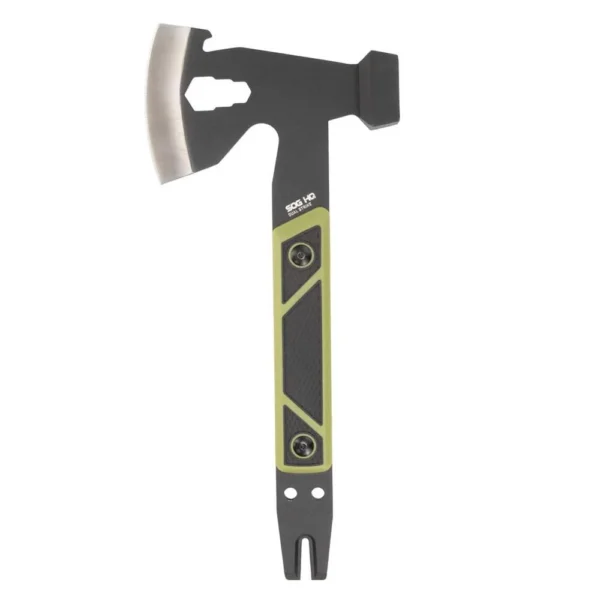 SOG Knives Dual Strike Ax black axe with green-accented handle, side view