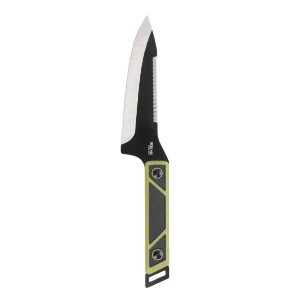 SOG Knives Terragrip Camp Knife, black drop point blade and green-accented handle, side view