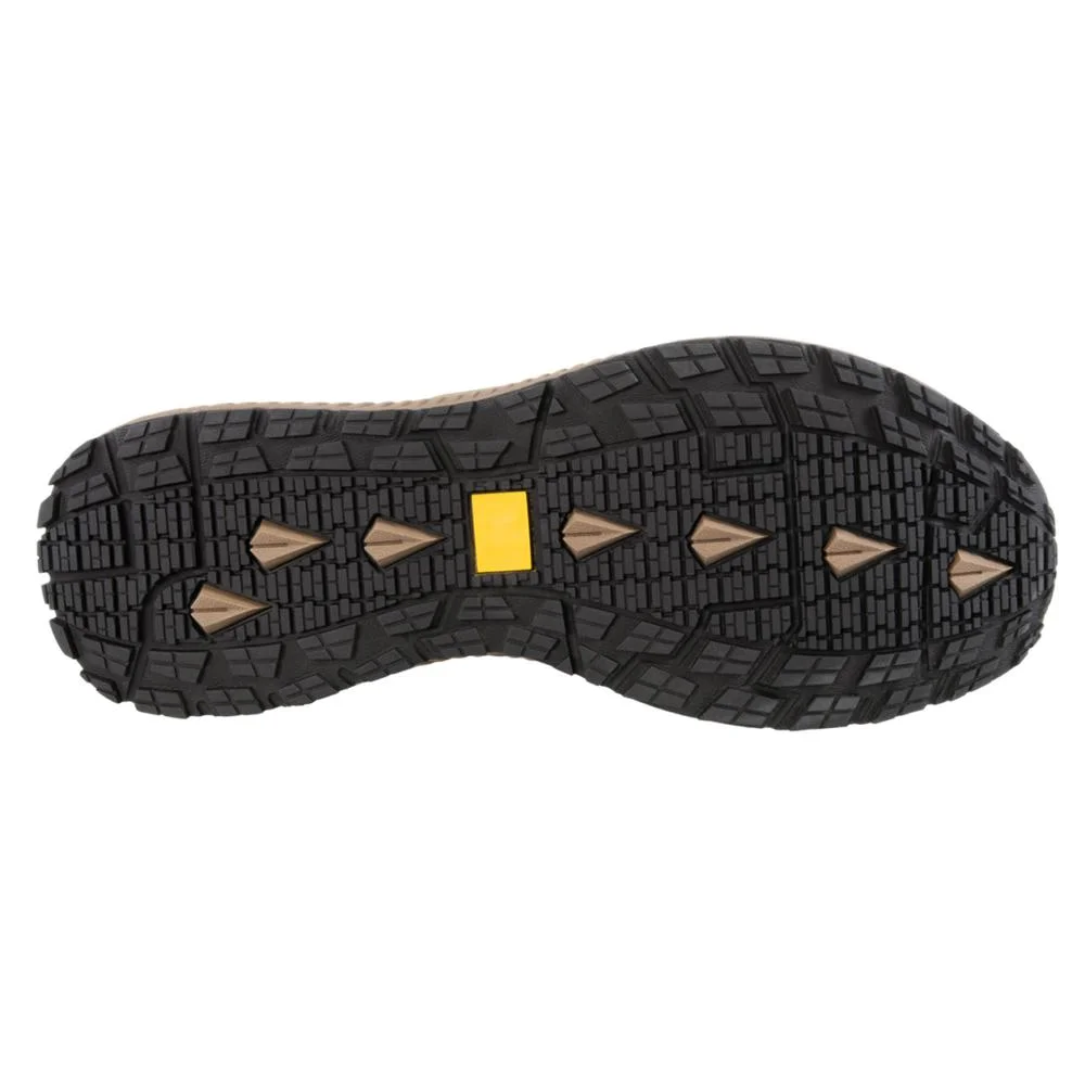 primary-46096 Gsm Muddy DV8 Ankle Boot black outsole view with brown tread accents and yellow center block