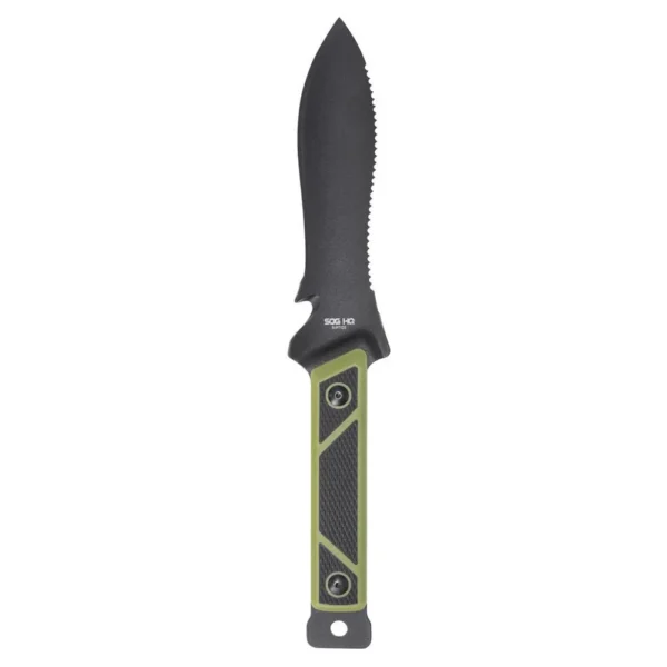 SOG Knives Rip Tide fixed knife, front view with black spear-point blade and black-green handle