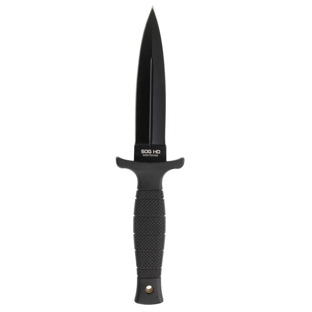 primary-46099 SOG Knives Nightshade fixed knife, black front view with spear-point blade and textured handle