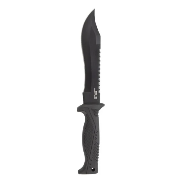 SOG Knives Pinnacle Bowie Fixed Knife, black side view with clip-point blade and textured handle