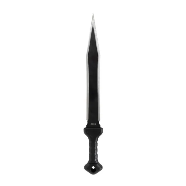SOG Phantom Strike I Machete, front view with long black spear point blade and black handle
