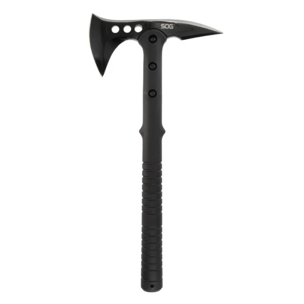 SOG Knives Apocalypse Edge Axe black, left-side view with axe blade, rear spike and textured handle