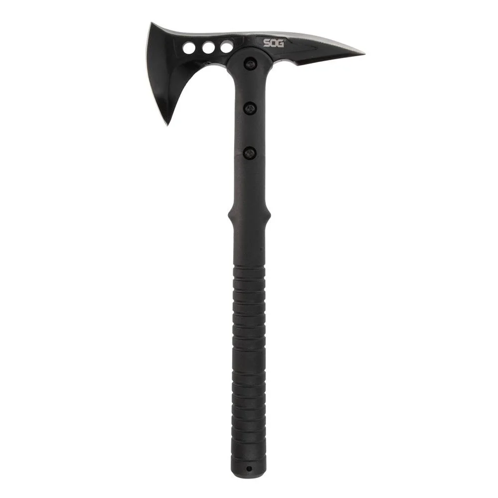 primary-46116 SOG Knives Apocalypse Edge Axe black, left-side view with axe blade, rear spike and textured handle