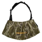 GSM Muddy insulated hand muff, front view in Mossy Oak Bottomland camouflage with strap