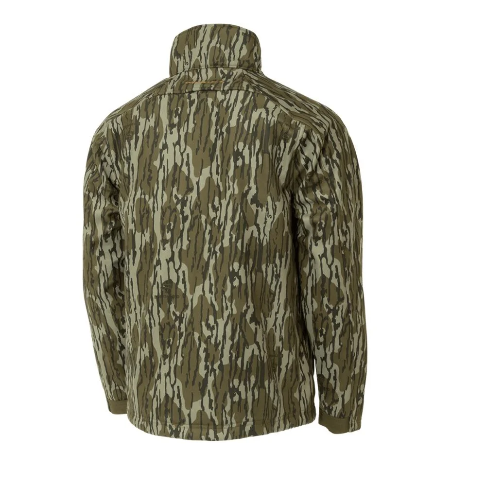 primary-46306 GSM Muddy TRX Softshell Jacket, Mossy Oak Bottomland camouflage rear view with raised collar