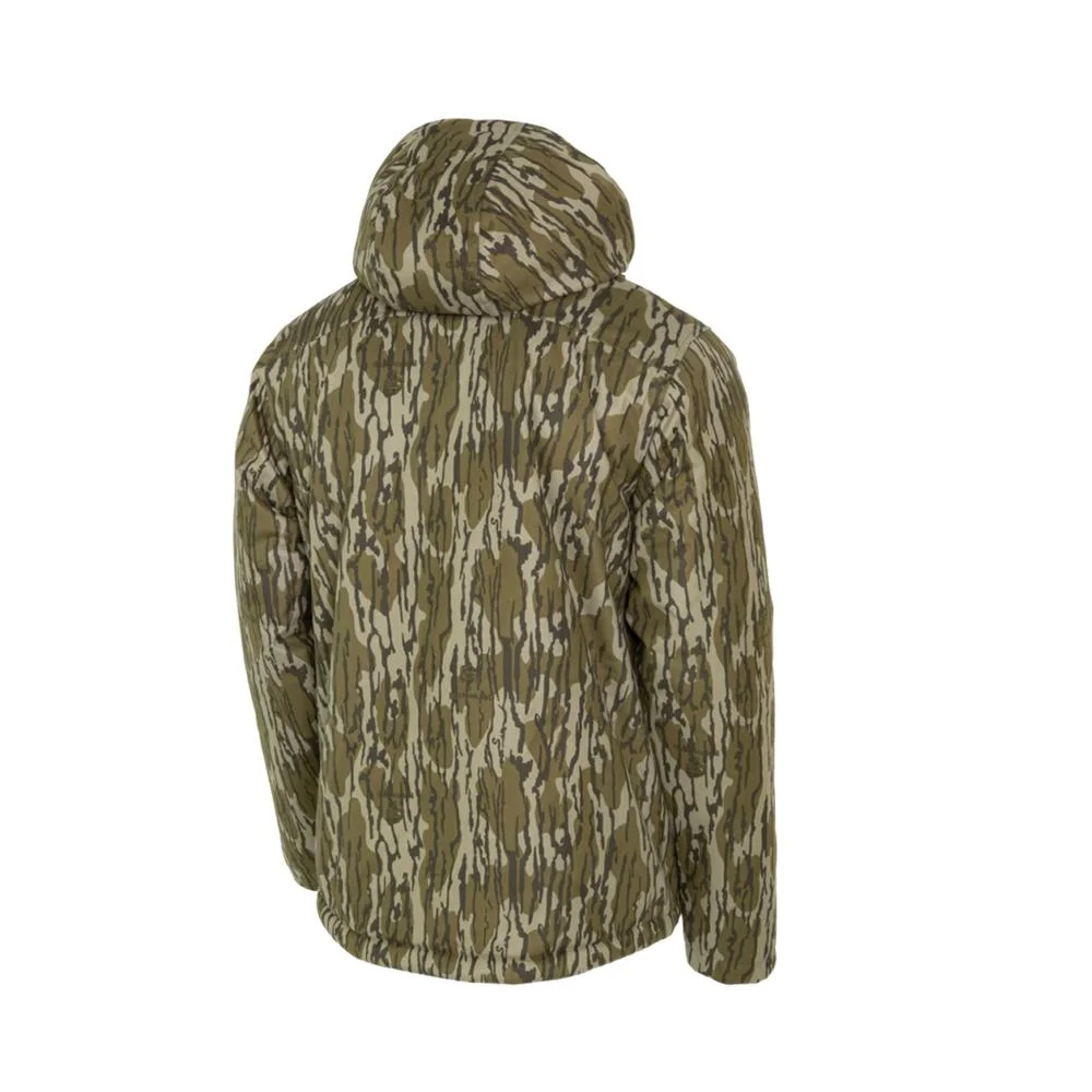 primary-46332 Gsm Muddy TRX jacket, rear view in Mossy Oak Bottomland camouflage with attached hood