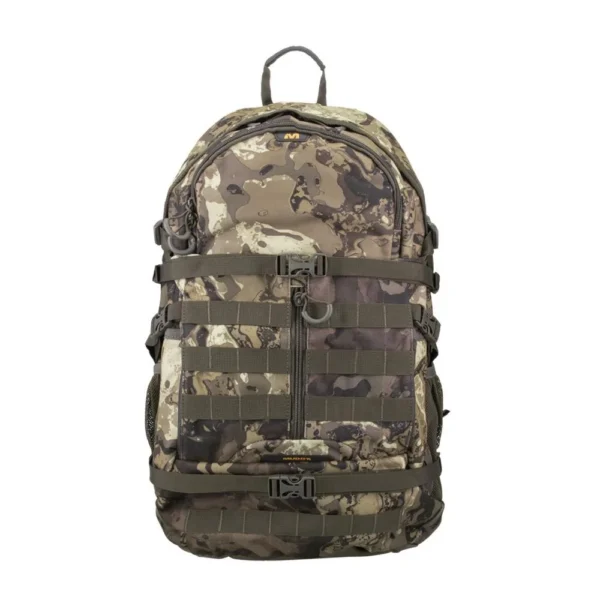 Gsm Muddy Pro Series 1300 Backpack, front view in Veil Canyon Grey camouflage with webbing
