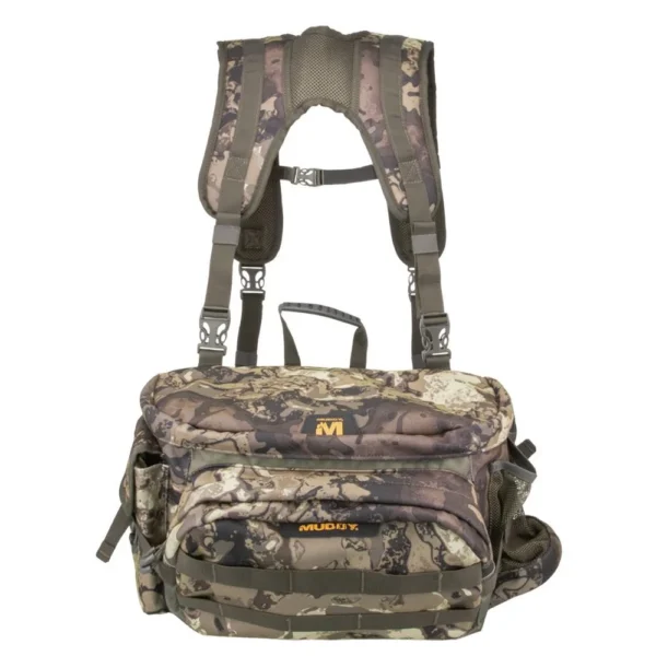 GSM Muddy Pro Series Lumbar 500 Pack, front view of camouflage pack with shoulder straps