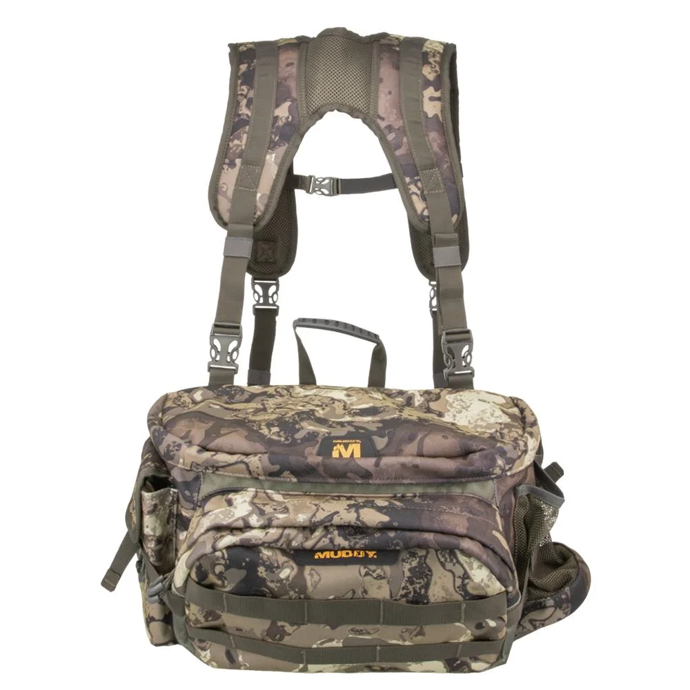 primary-46342 GSM Muddy Pro Series Lumbar 500 Pack, front view of camouflage pack with shoulder straps