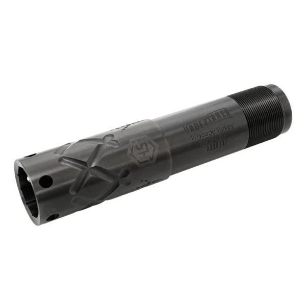 Hunters Specialties Undertaker Pro choke tube, dark gray angled view with ports and threaded end