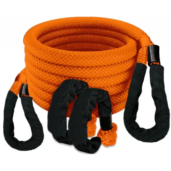 Gsm Muddy Kinetic Recovery Rope Kit, coiled orange rope with black looped ends