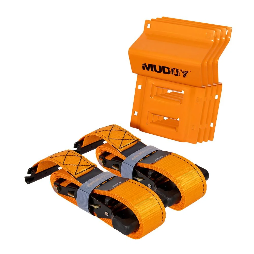 primary-46359 Gsm Muddy UTV Wheel Chock Tie-Down Kit, orange chocks and two black-and-orange straps