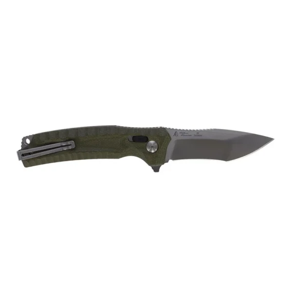 SOG Knives Hidaka XR Folding Knife, right side open view with olive handle and dark tanto blade