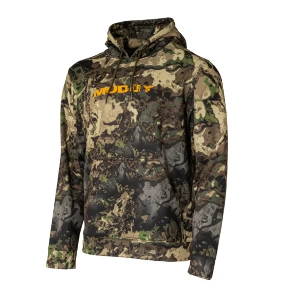 Gsm Muddy TRX Performance Hoodie front view in green and brown camouflage with hood