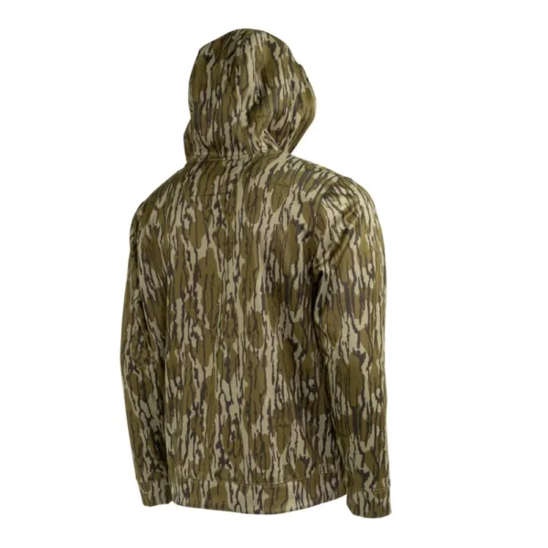 Gsm Muddy TRX Performance Hoodie, Mossy Oak Bottomland camouflage, back view with hood