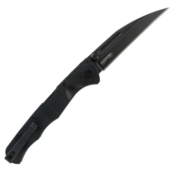 Cold Steel Frenzy II folding knife open in right-side view with black handle and curved black blade