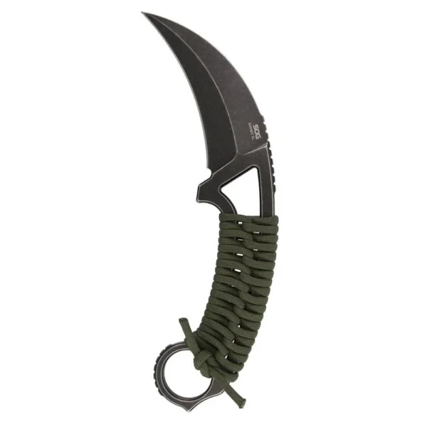 SOG Gambit XL Fixed Knife, side view with black curved blade and OD green wrapped handle