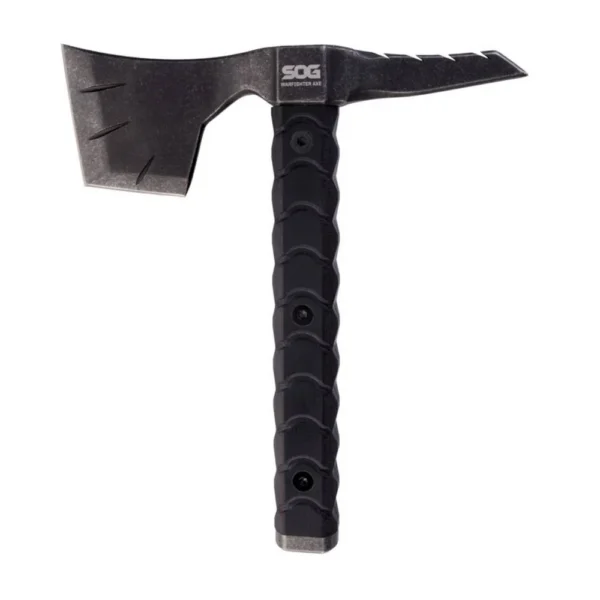 SOG War Fighter Axe Black, front view with broad axe head, spike and textured handle