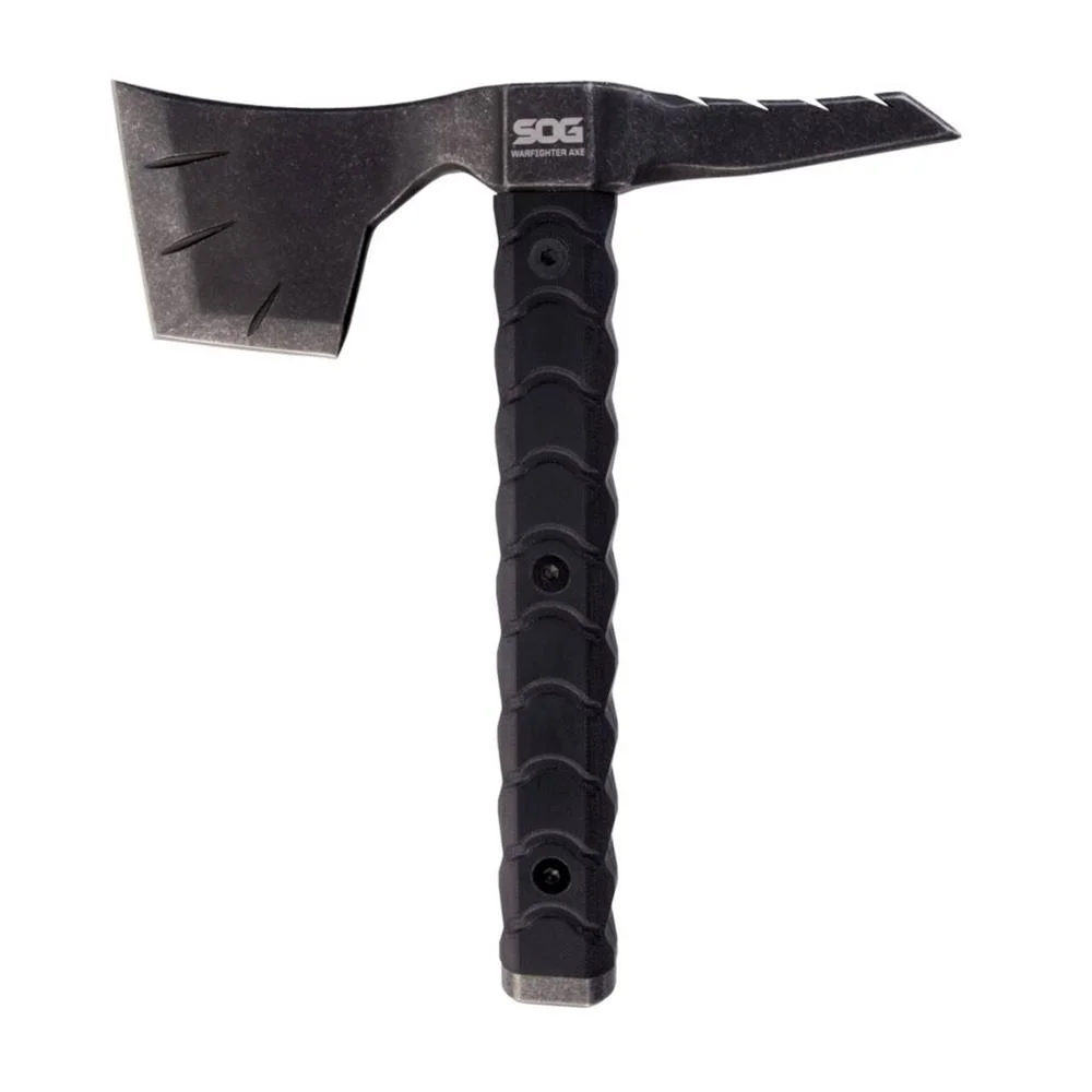 primary-46414 SOG War Fighter Axe Black, front view with broad axe head, spike and textured handle