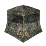 Ameristep Banshee ground blind in Mossy Oak camouflage, front view with mesh window panels