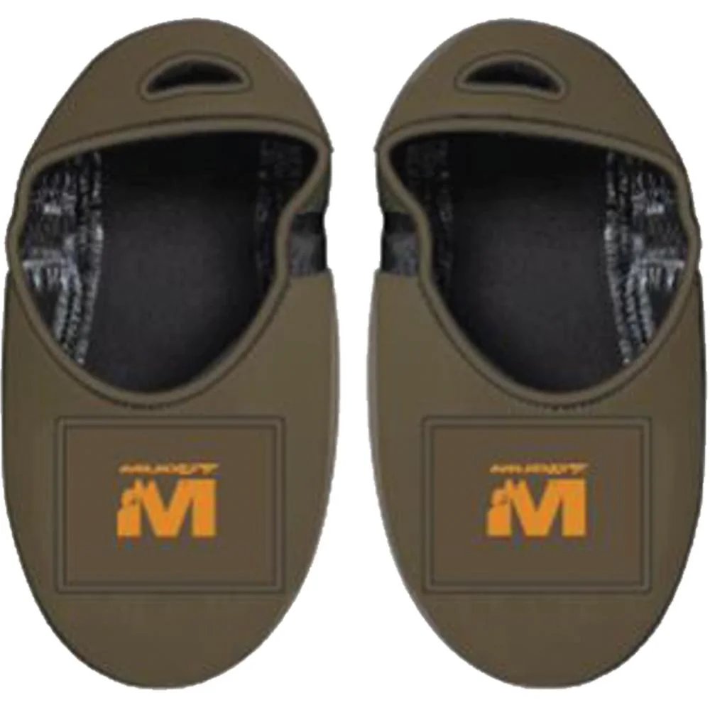 primary-46429 Gsm Muddy Overshoe Foot Warmer, top view of two brown insulated overshoes with orange logos