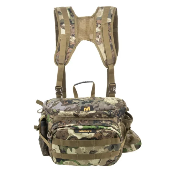Gsm Muddy Pro Series Lumbar 500 Pack, front view in camouflage with shoulder harness and pockets