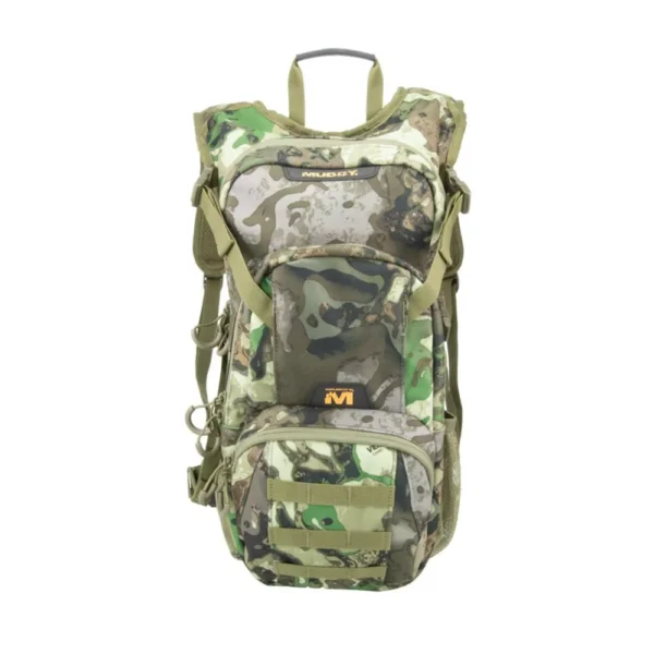 Gsm Muddy Pro Series 1075 Backpack, front view in green Veil Canyon camouflage with straps and pockets