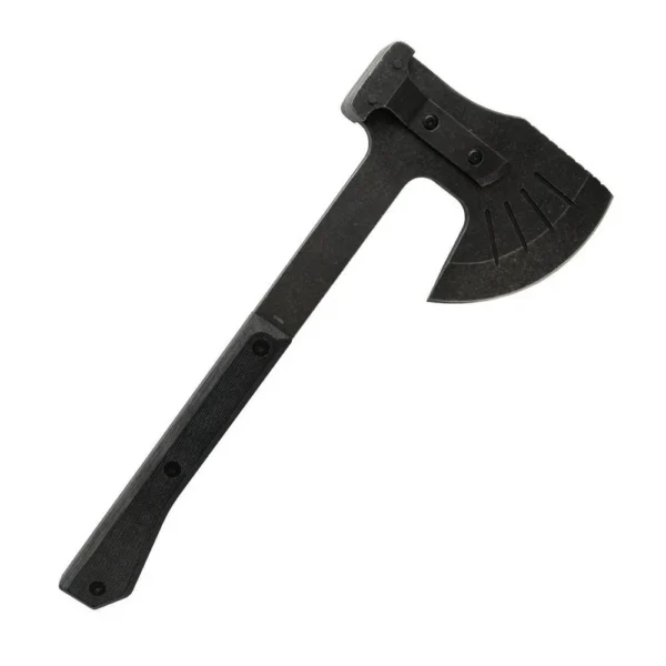 SOG Knives Bushcraft Hatchet, black side view with long handle and curved blade