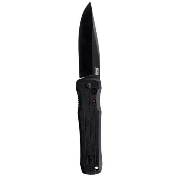 SOG Knives Spec Elite II Automatic Knife, open front view with black drop point blade and handle
