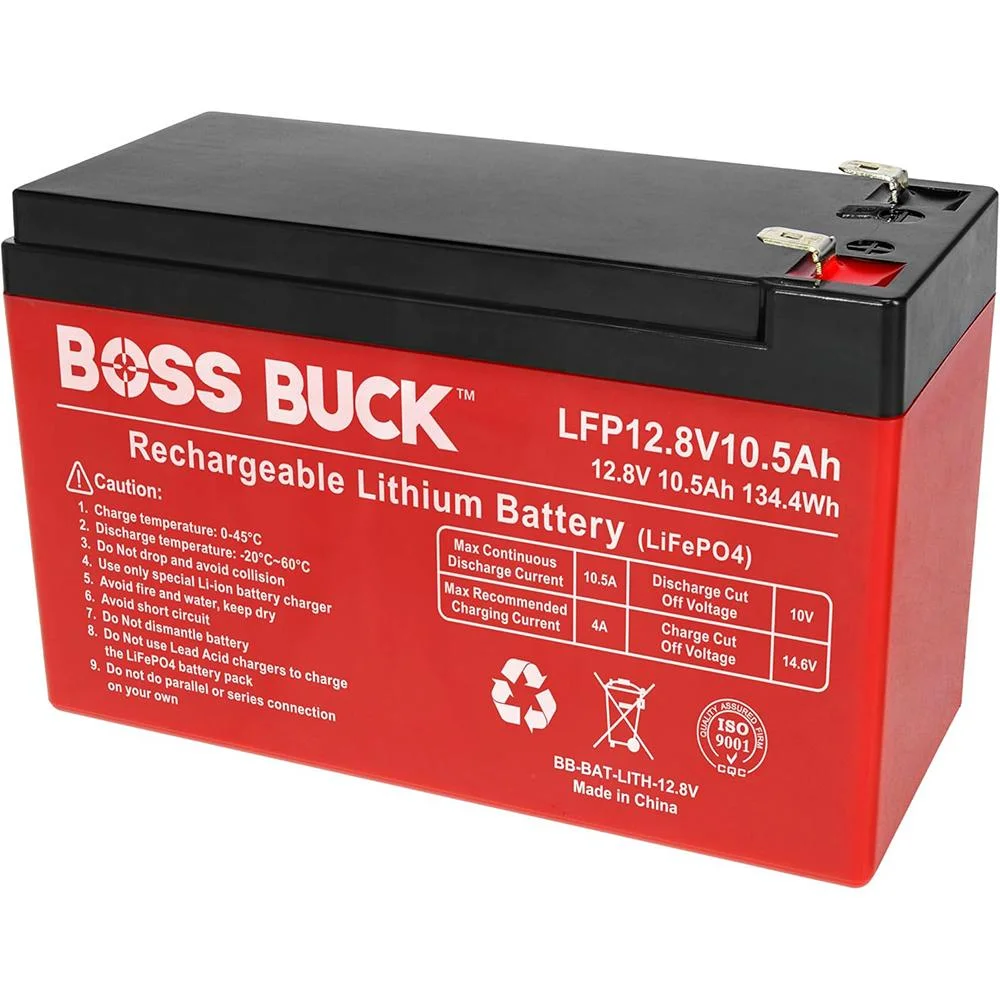 primary-46449 Gsm Boss Buck 12V lithium feeder battery, angled front view with black case and red label