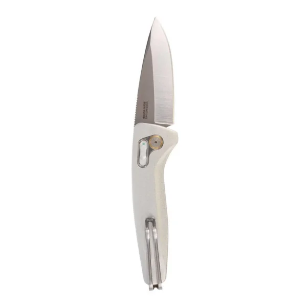 SOG One-Zero AU folding knife in silver chrome, open top view with drop-point blade