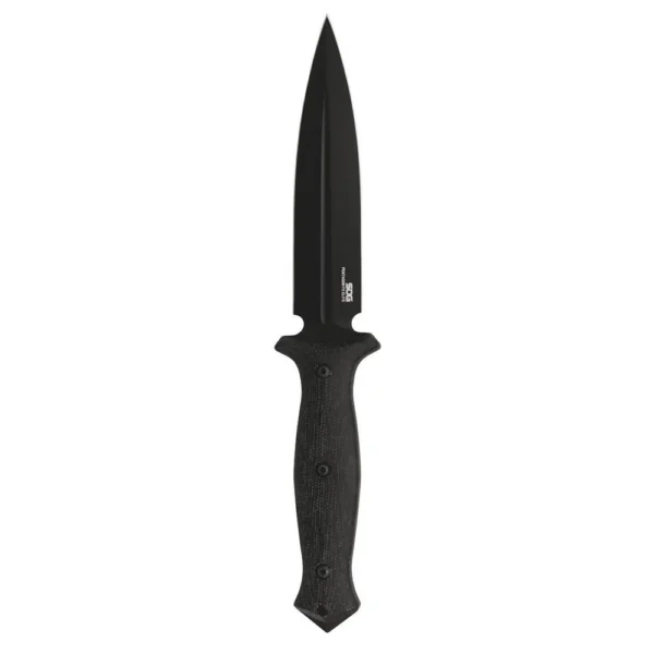 SOG Knives Pentagon Elite Fixed Knife, black front view with pointed dagger blade and handle