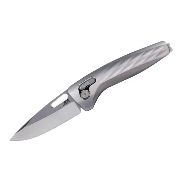 SOG Knives One-Zero XR folding knife, silver side view with drop-point blade open