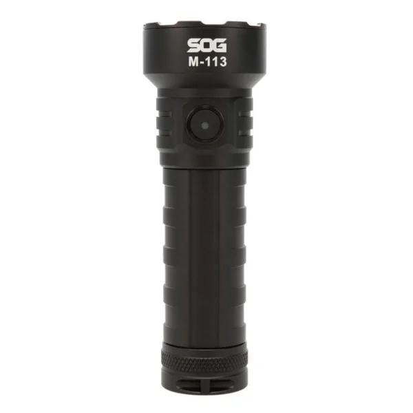 SOG Knives M-113 Flashlight, upright front view of black flashlight with ribbed grip