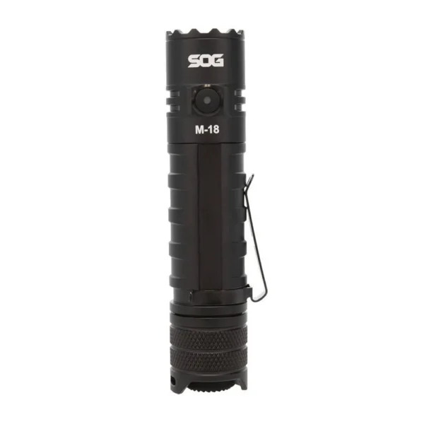 SOG Knives M-18 Flashlight, black, upright side view with pocket clip and textured grip