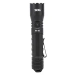 SOG Knives M-48 Flashlight, upright front view in black with pocket clip and textured body