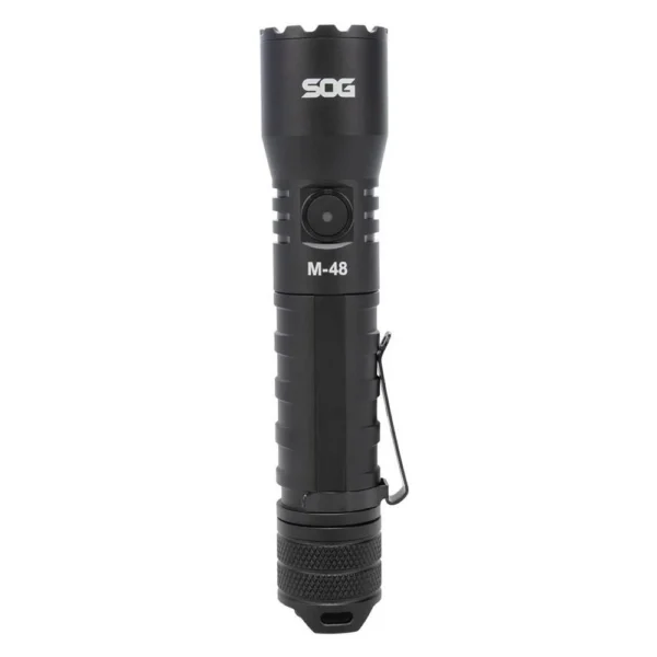 SOG Knives M-48 Flashlight, upright front view in black with pocket clip and textured body