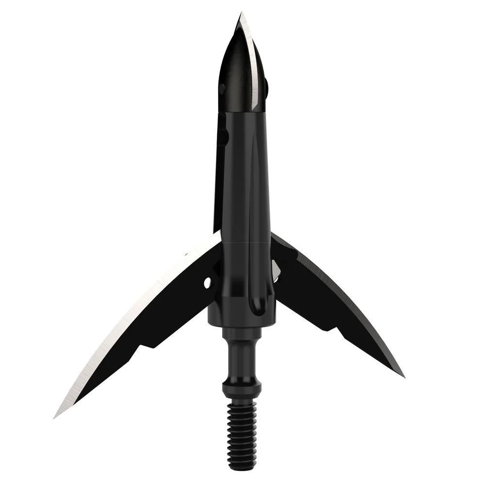 primary-46469 Gsm NAP Killzone RX broadhead in black with silver cutting edges and deployed blades, front view