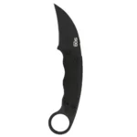 SOG Gambit Blackout Fixed Knife shown from side with curved black blade, black handle and finger ring