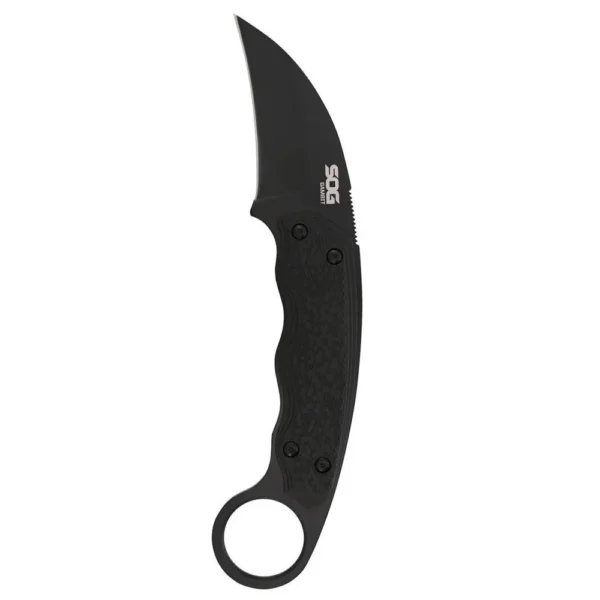 SOG Gambit Blackout Fixed Knife shown from side with curved black blade, black handle and finger ring