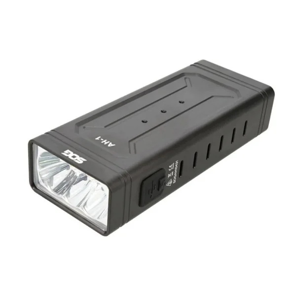 SOG Knives AH-1 Flashlight, black angled front view with rectangular lens and side switch