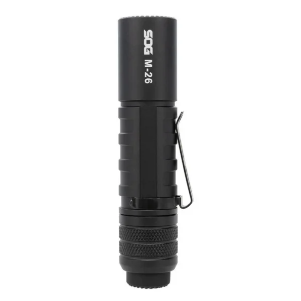 SOG Knives M-26 Flashlight, black side view with pocket clip and textured grip