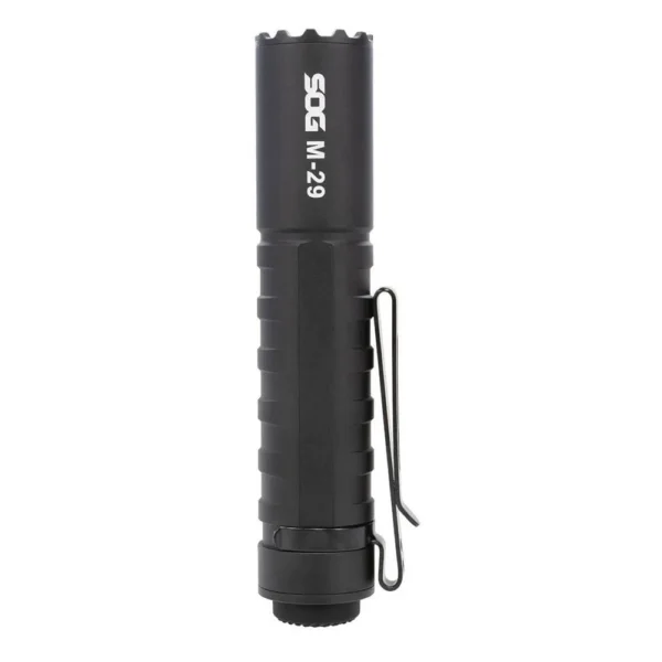 SOG Knives M-29 Flashlight, black finish, side view with pocket clip and textured body