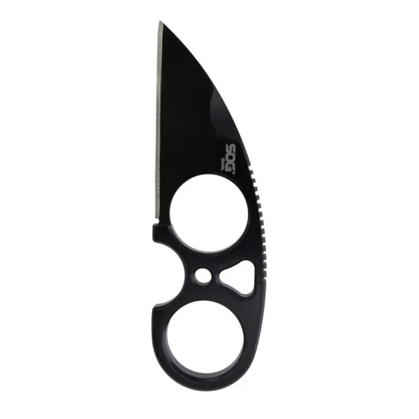SOG Knives Snarl Blackout, black fixed blade with pointed tip and two finger rings