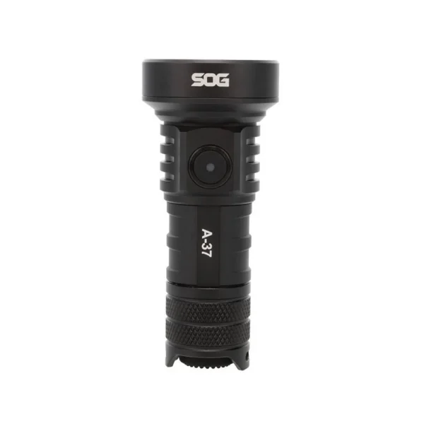 SOG Knives A-37 Flashlight, black upright front view with side button and textured grip