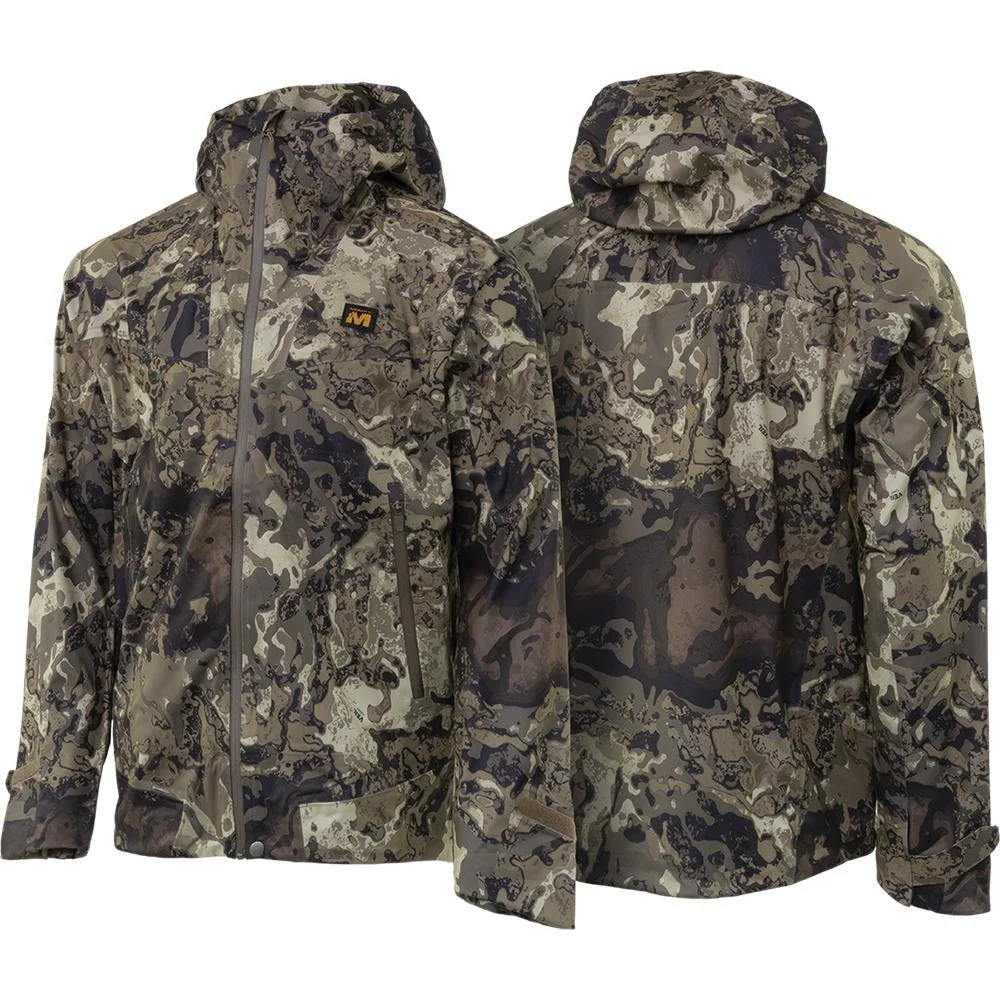 primary-46507 Gsm Muddy DV8 Cyclone 3L Rain Jacket, Veil Canyon Grey camouflage, front and back views with hood