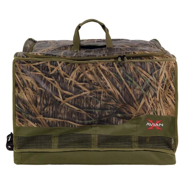 Avian-X Floating Slotted Decoy Bag, front view in brown and green grass camouflage with carry handle